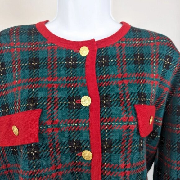 Vtg Classiques Entier Merino Wool Blend Cardigan Green Red Black Gold Button Lrg - Picture 4 of 12